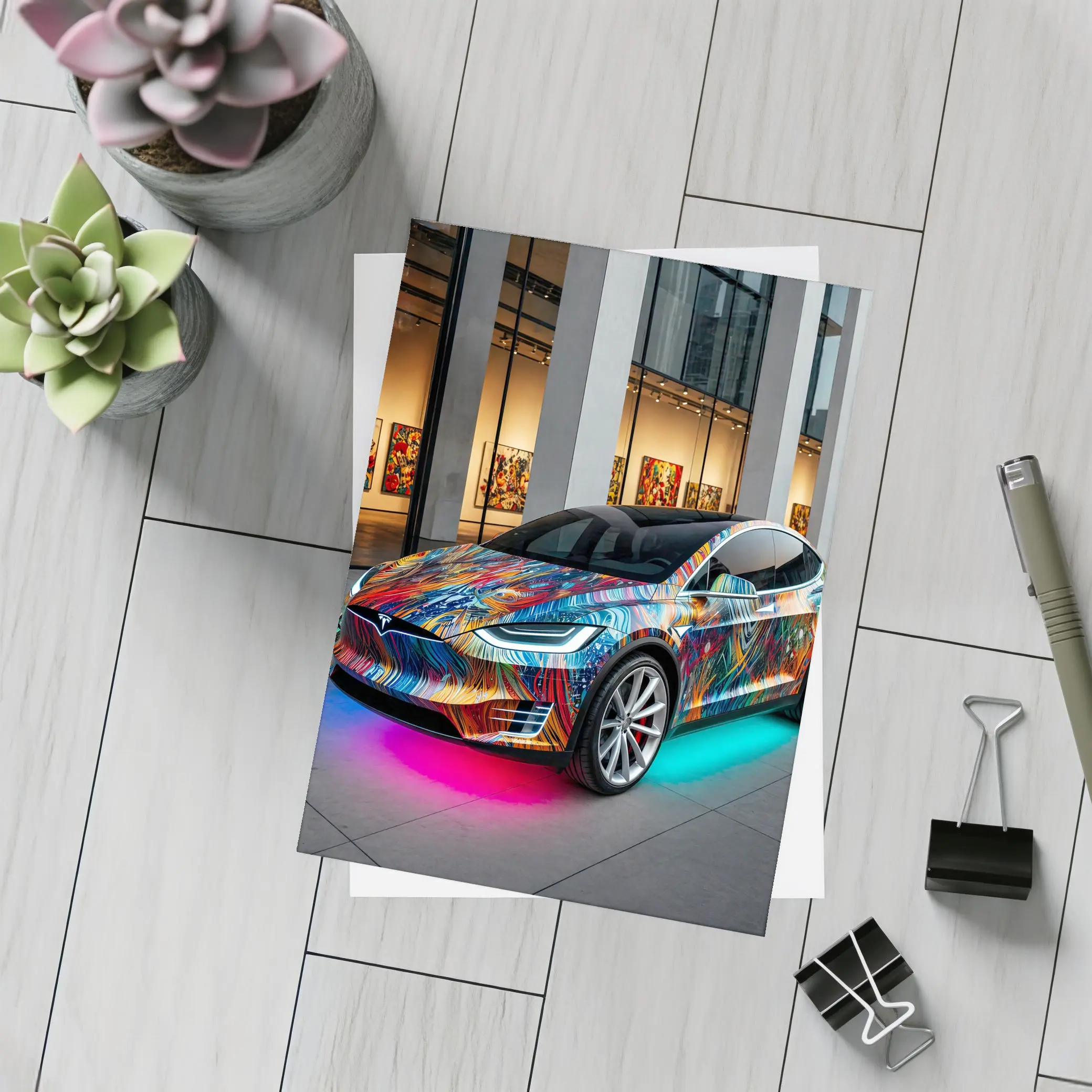 Tesla Model X Colorful Art Gallery Setting – Postcards
