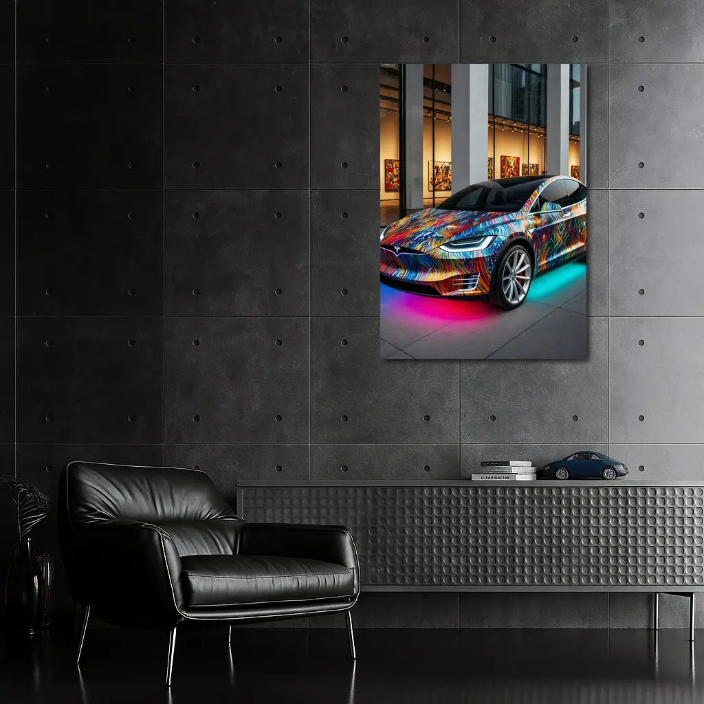Tesla Model X Colorful Art Gallery Setting – Wall Art