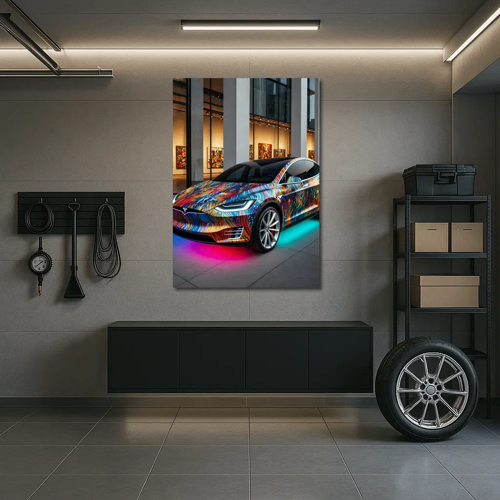 Tesla Model X Colorful Art Gallery Setting – Wall Art