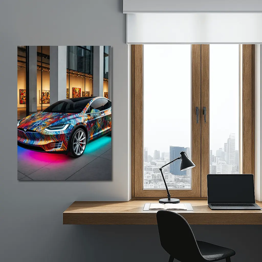 Tesla Model X Colorful Art Gallery Setting – Wall Art