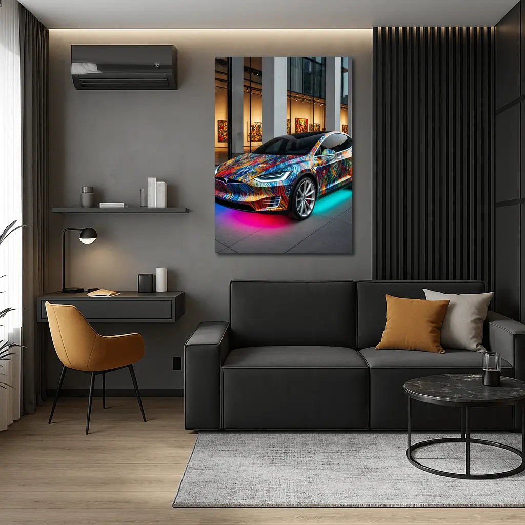 Tesla Model X Colorful Art Gallery Setting – Wall Art