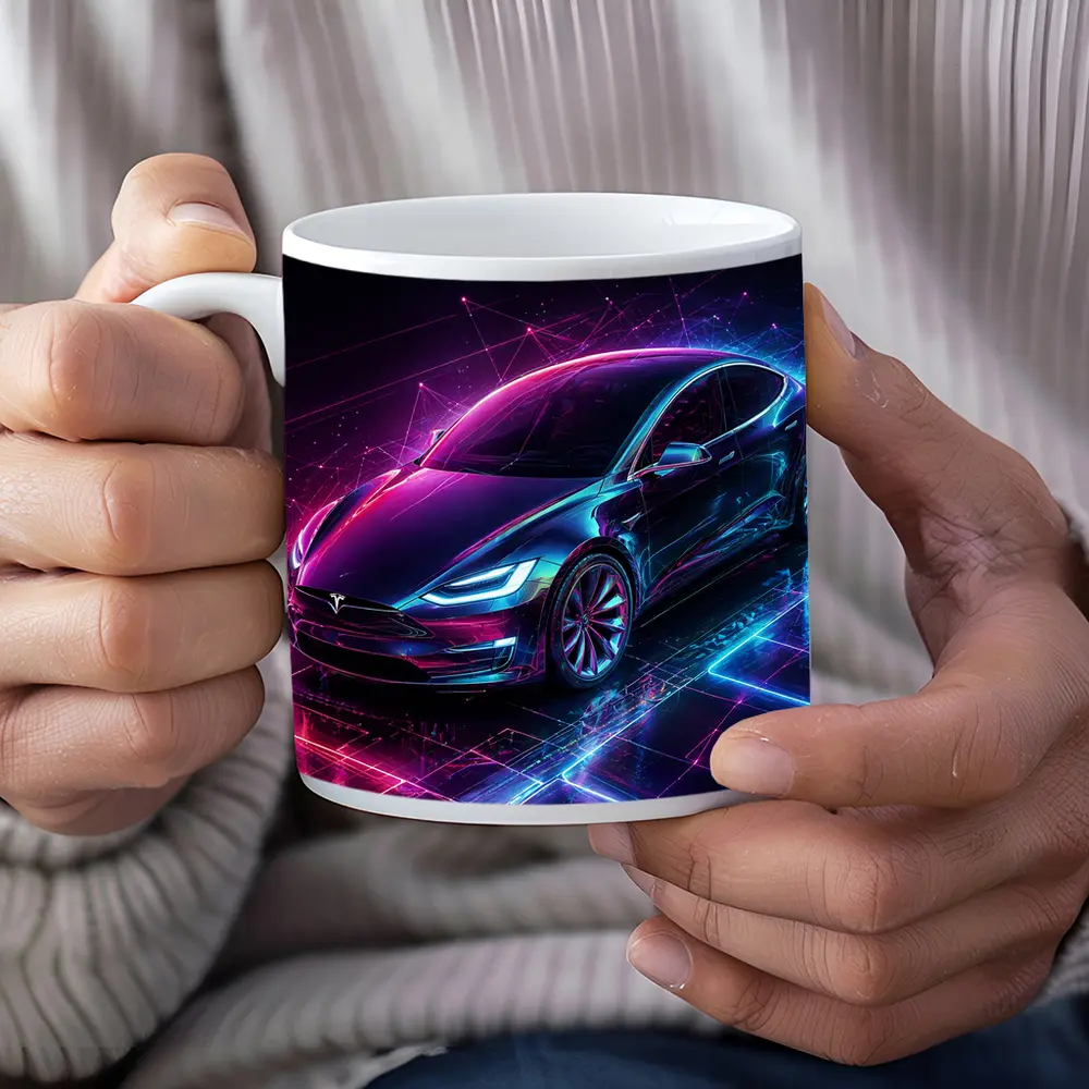 Tesla Model S Neon Cyberpunk Digital Art – Mugs