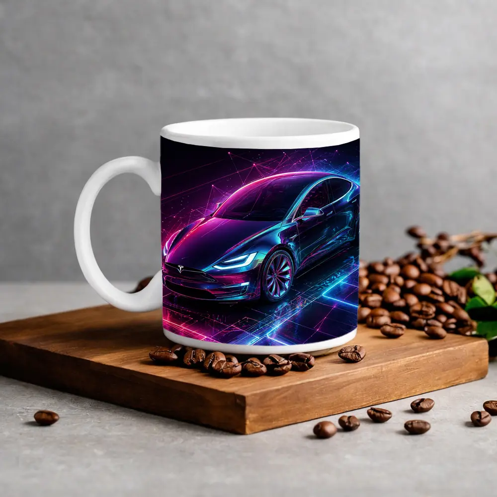 Tesla Model S Neon Cyberpunk Digital Art – Mugs
