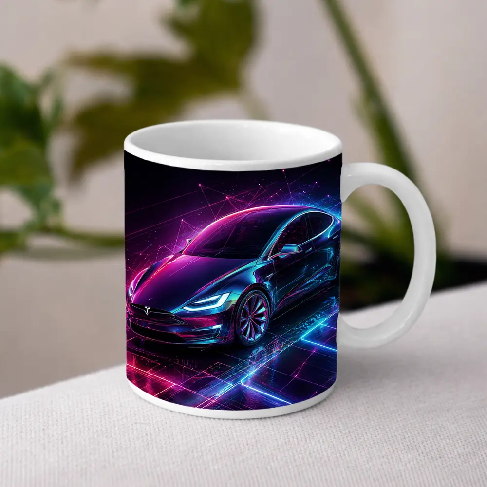 Tesla Model S Neon Cyberpunk Digital Art – Mugs