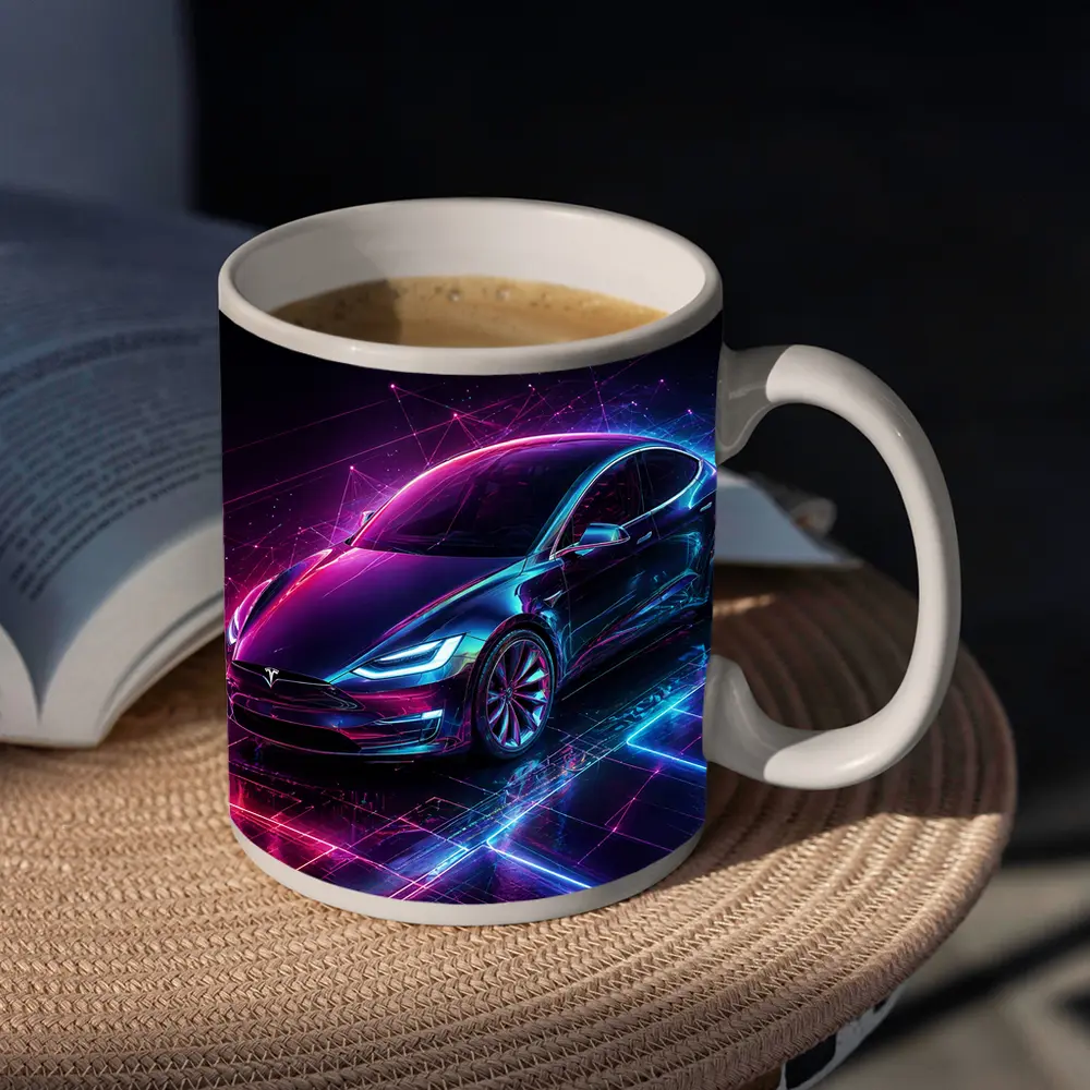 Tesla Model S Neon Cyberpunk Digital Art – Mugs