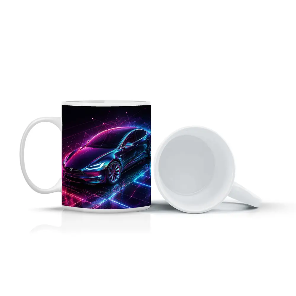 Tesla Model S Neon Cyberpunk Digital Art – Mugs