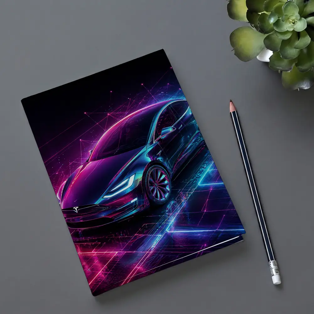 Tesla Model S Neon Cyberpunk Digital Art – Notebooks
