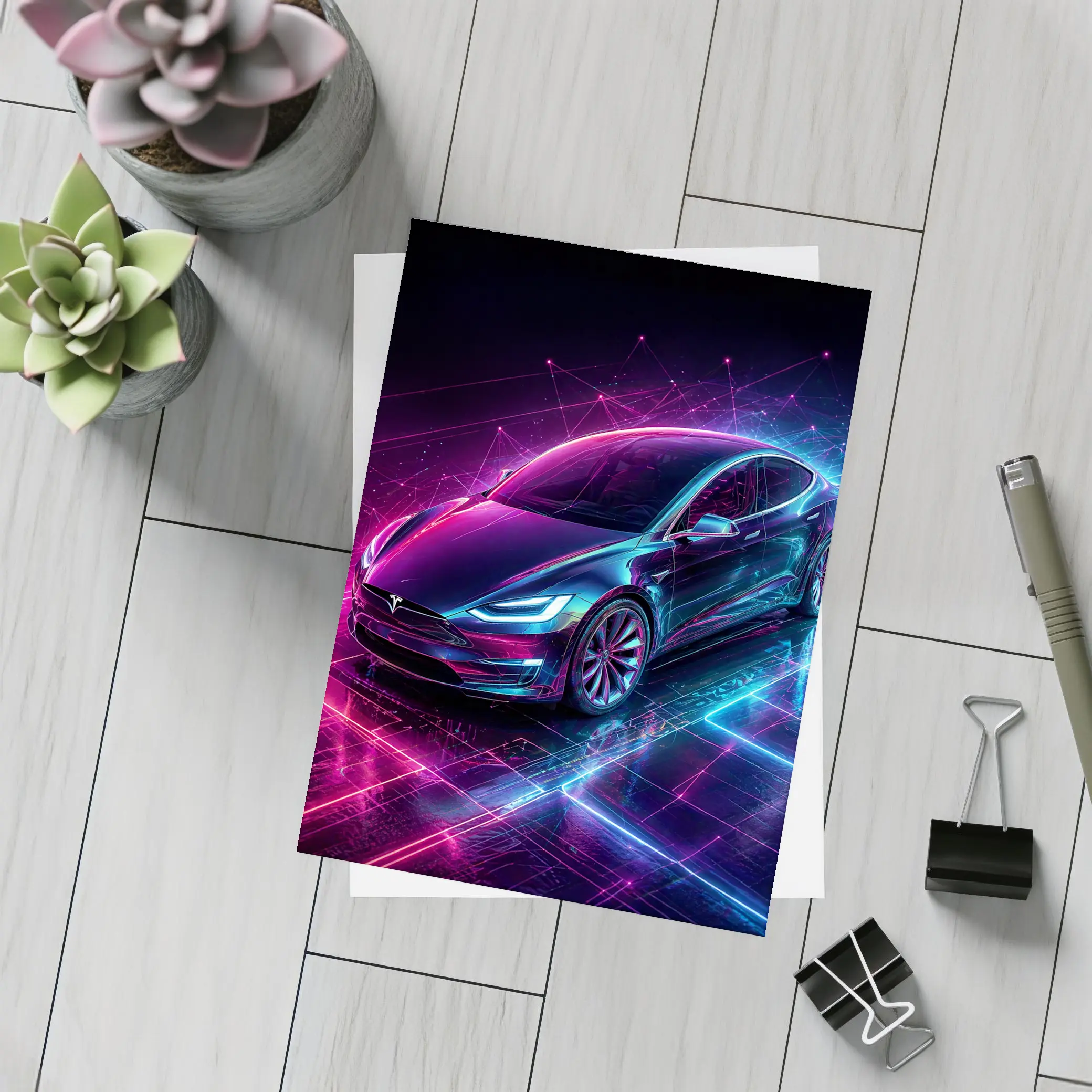 Tesla Model S Neon Cyberpunk Digital Art – Postcards