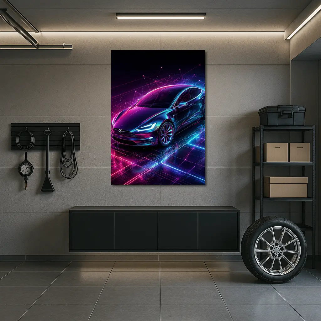 Tesla Model S Neon Cyberpunk Digital Art – Wall Art
