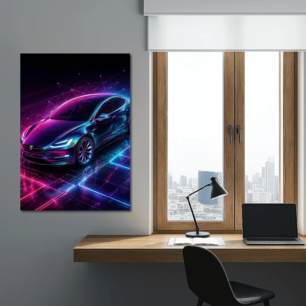 Tesla Model S Neon Cyberpunk Digital Art – Wall Art