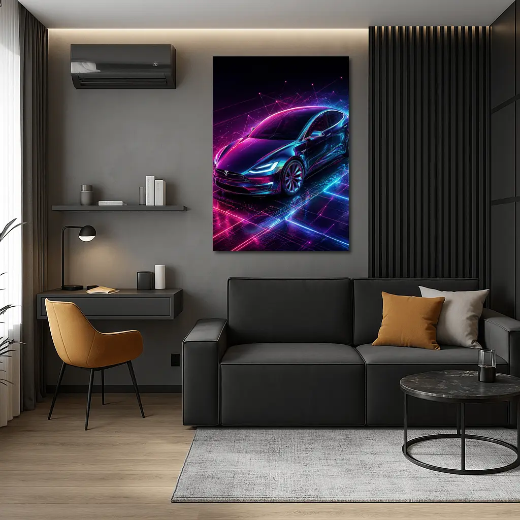 Tesla Model S Neon Cyberpunk Digital Art – Wall Art