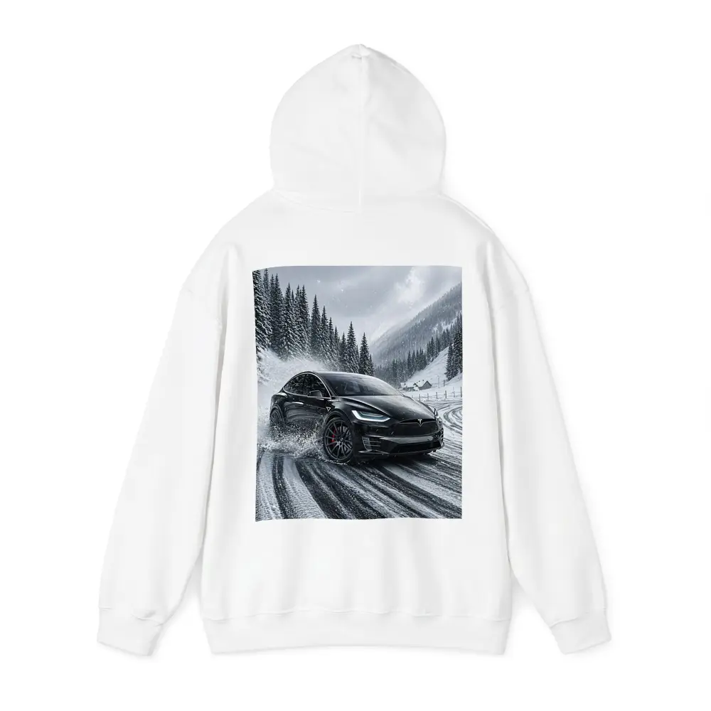 Tesla Model X Drifting Snowy Mountain Road – Hoodies
