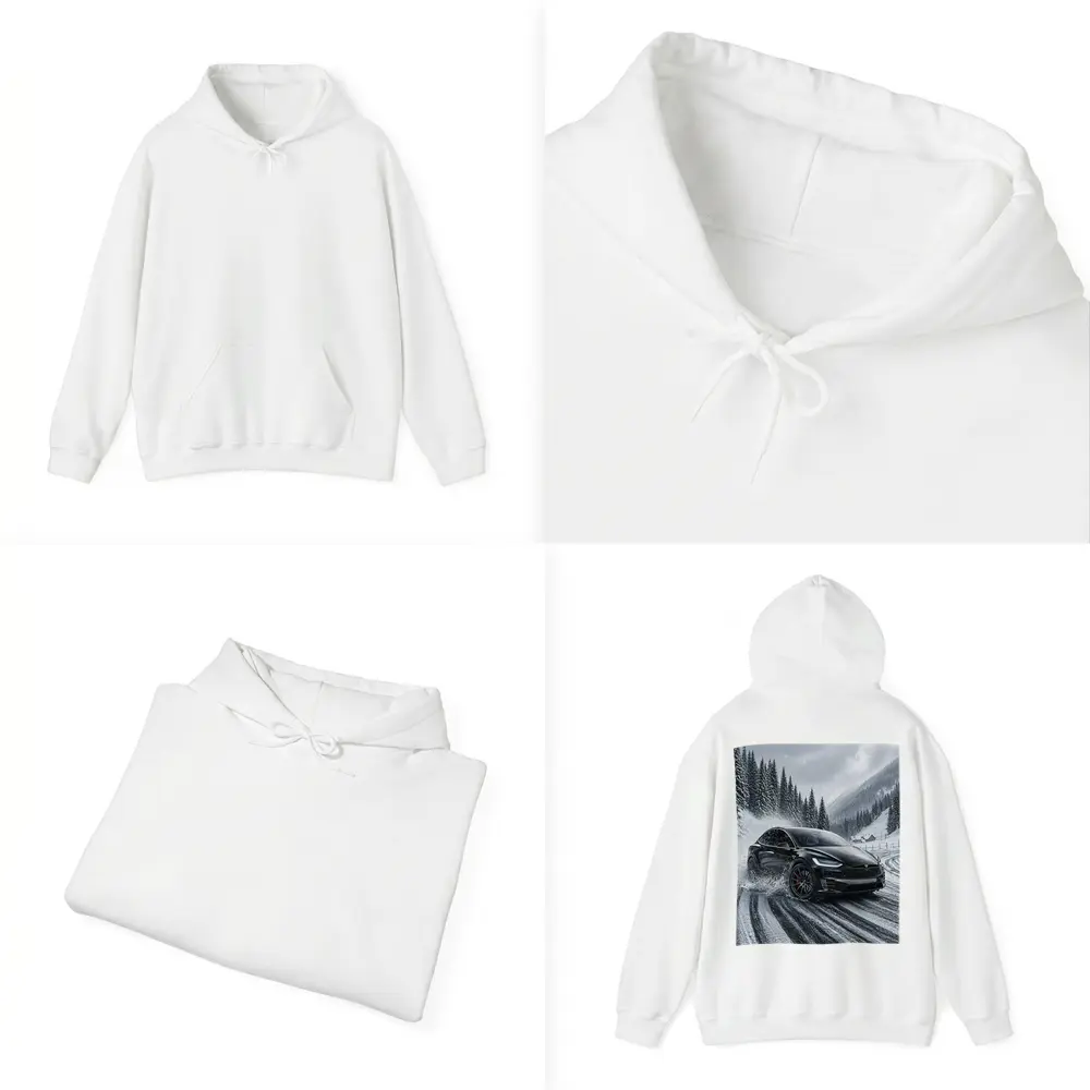 Tesla Model X Drifting Snowy Mountain Road – Hoodies