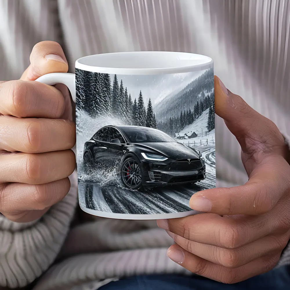 Tesla Model X Drifting Snowy Mountain Road – Mugs