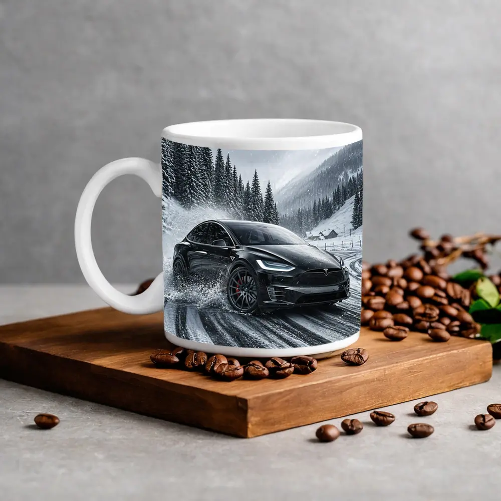 Tesla Model X Drifting Snowy Mountain Road – Mugs
