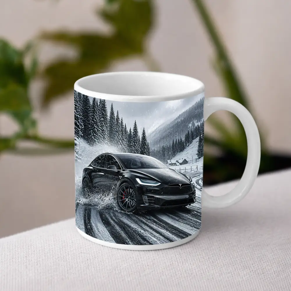 Tesla Model X Drifting Snowy Mountain Road – Mugs