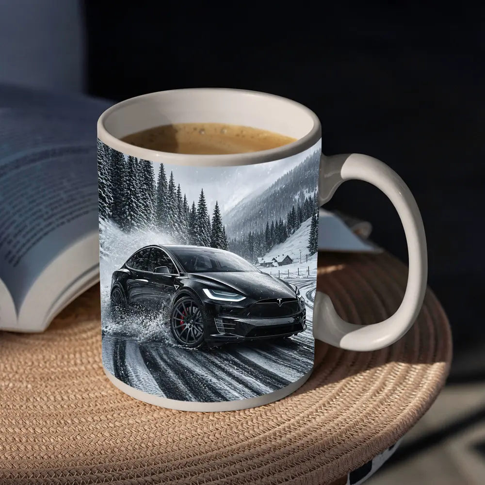 Tesla Model X Drifting Snowy Mountain Road – Mugs