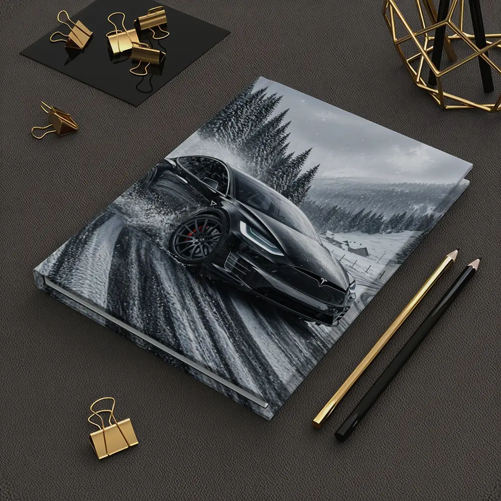 Tesla Model X Drifting Snowy Mountain Road – Notebooks