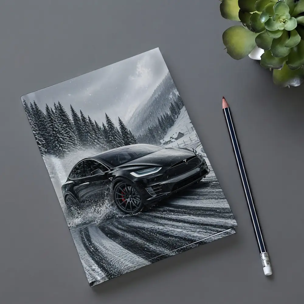 Tesla Model X Drifting Snowy Mountain Road – Notebooks