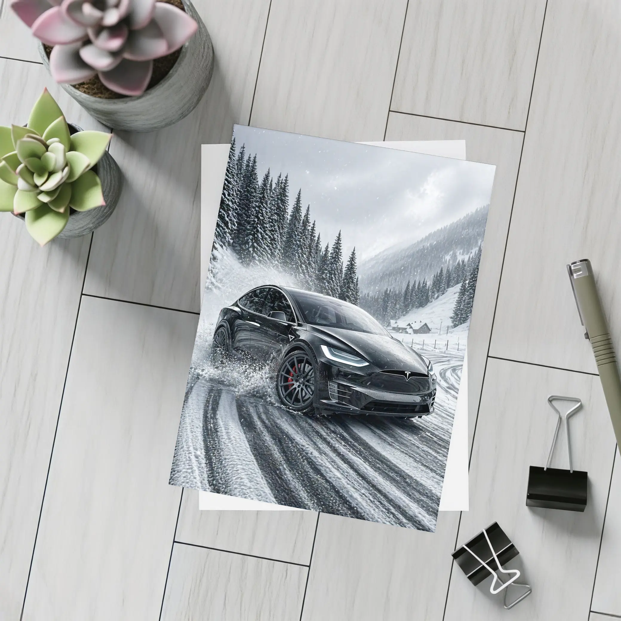 Tesla Model X Drifting Snowy Mountain Road – Postcards