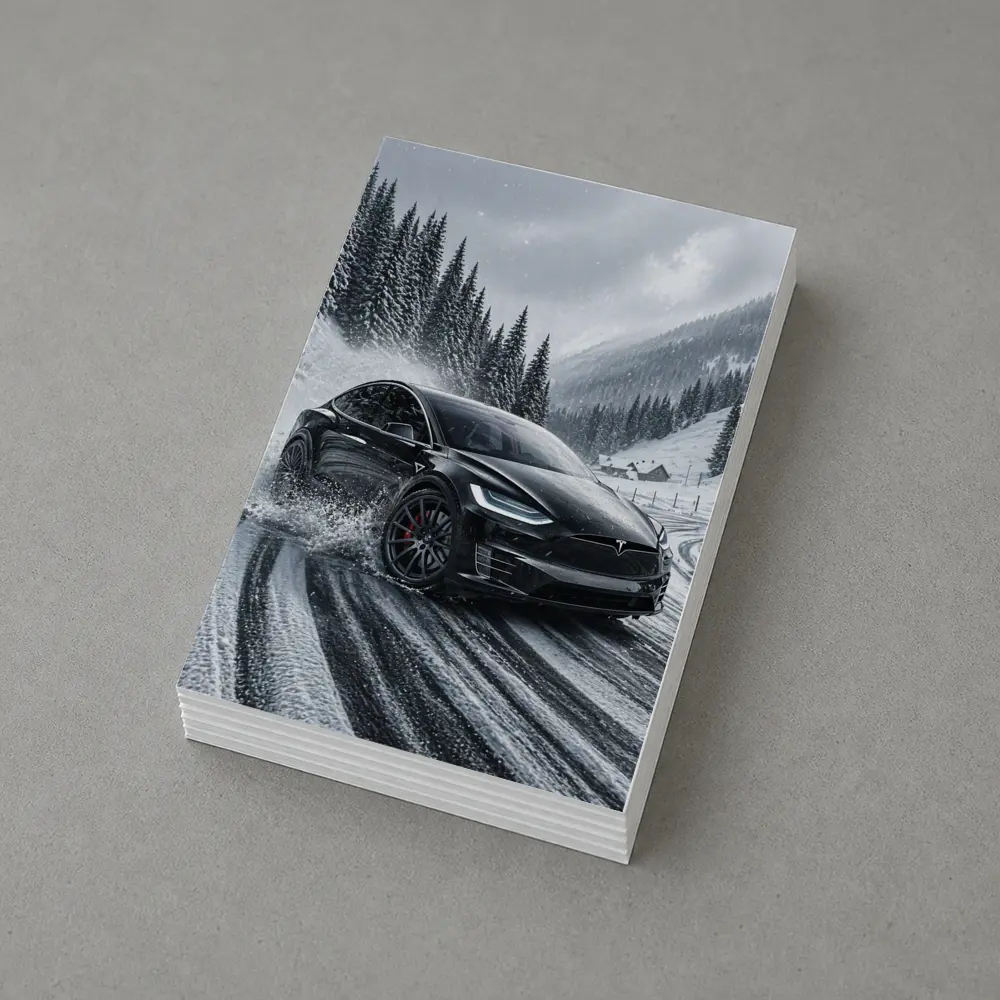 Tesla Model X Drifting Snowy Mountain Road – Postcards