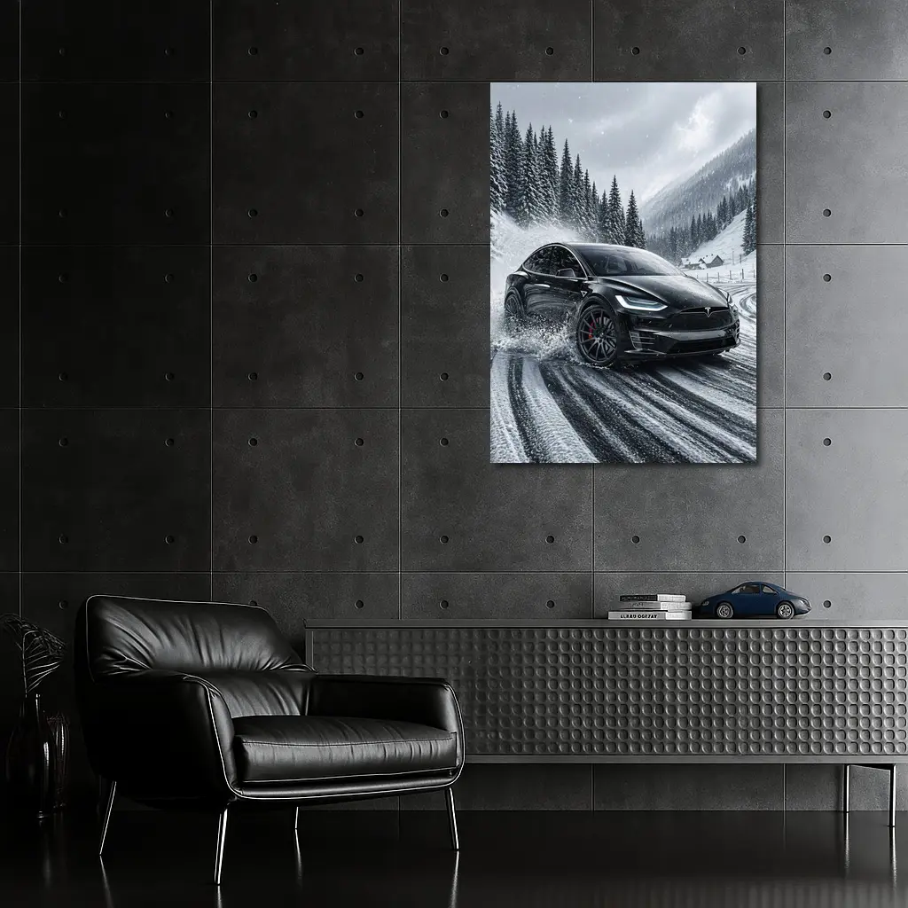 Tesla Model X Drifting Snowy Mountain Road – Wall Art