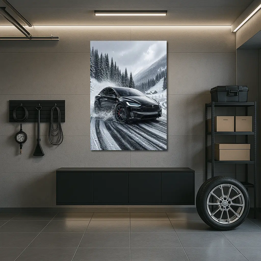 Tesla Model X Drifting Snowy Mountain Road – Wall Art