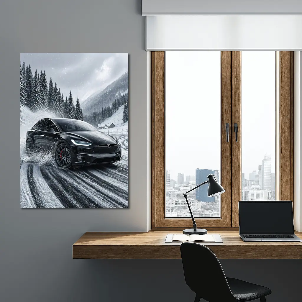 Tesla Model X Drifting Snowy Mountain Road – Wall Art