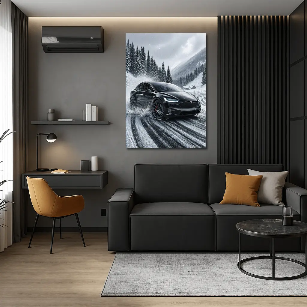 Tesla Model X Drifting Snowy Mountain Road – Wall Art