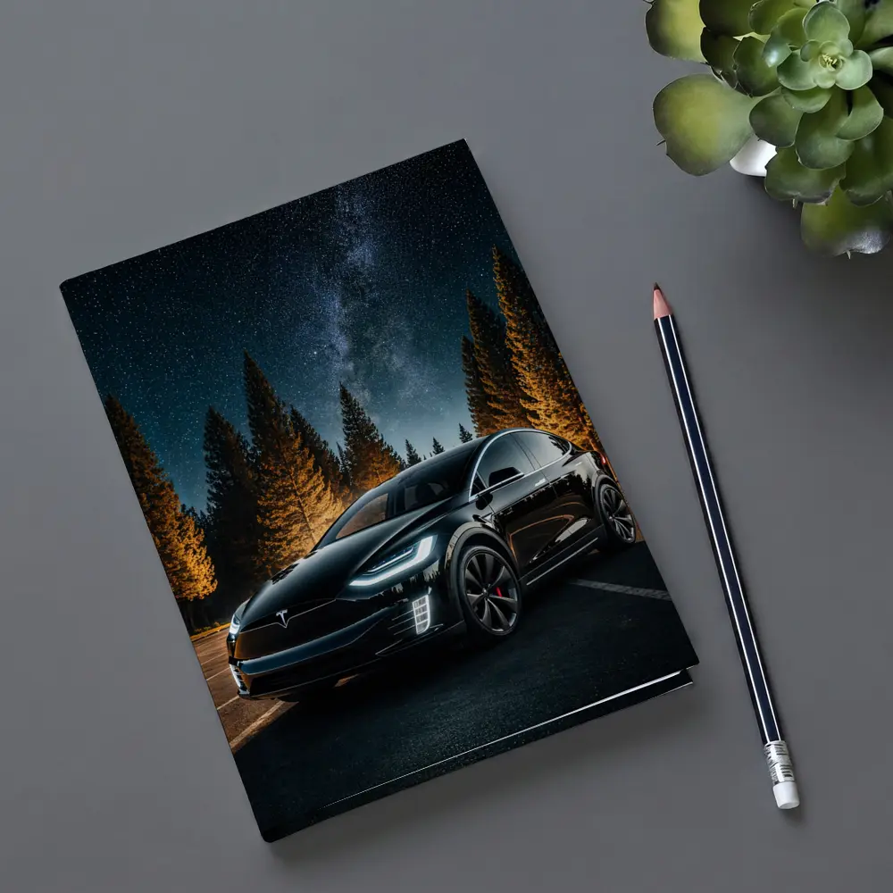 Tesla Model X Black Under Starry Night – Notebooks