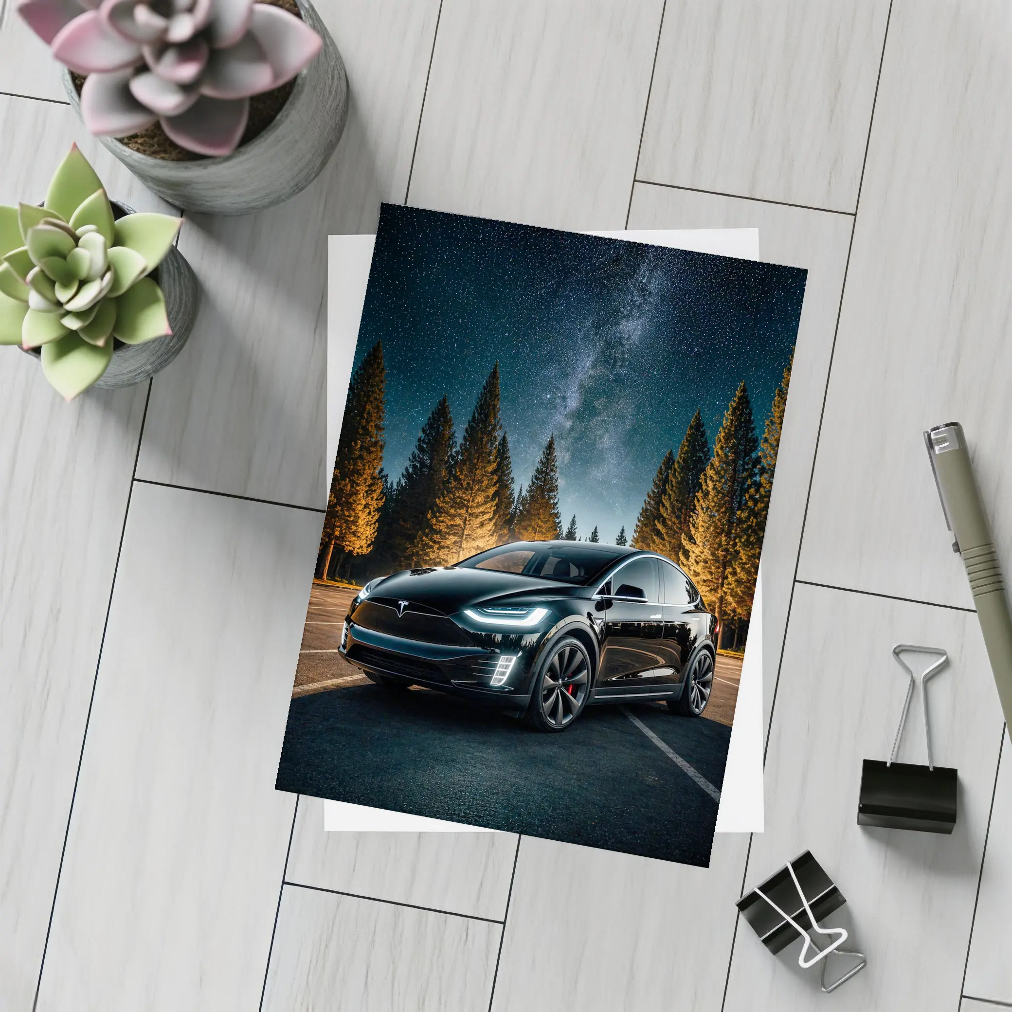 Tesla Model X Black Under Starry Night – Postcards