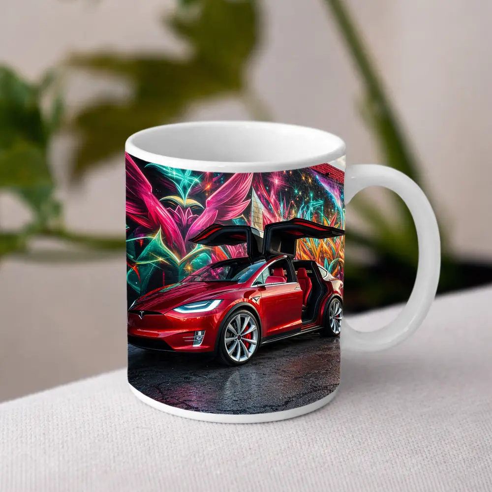 Tesla Model X Red Falcon Wings Graffiti Wall – Mugs