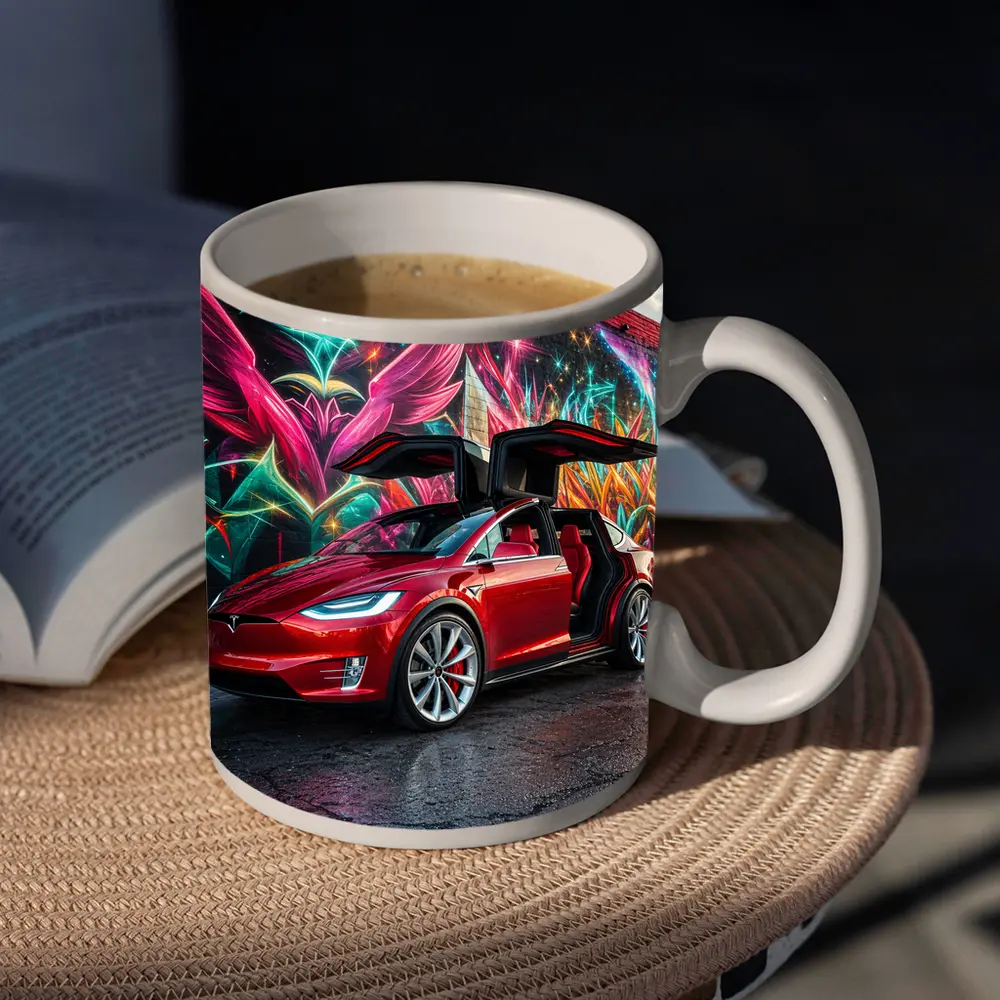 Tesla Model X Red Falcon Wings Graffiti Wall – Mugs