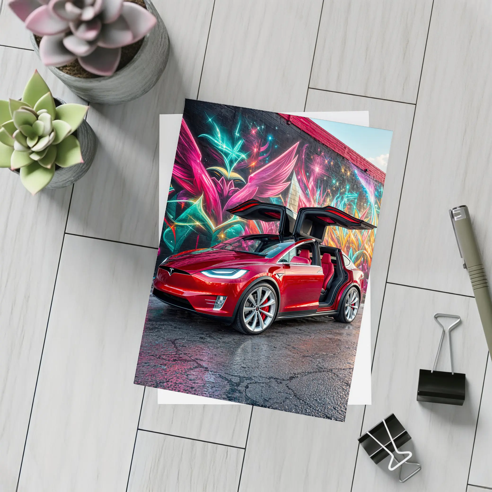 Tesla Model X Red Falcon Wings Graffiti Wall – Postcards