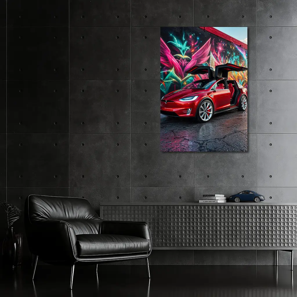 Tesla Model X Red Falcon Wings Graffiti Wall – Wall Art