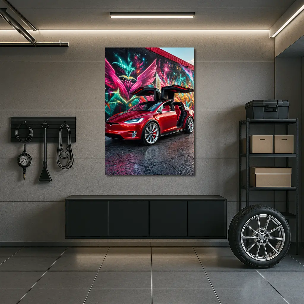 Tesla Model X Red Falcon Wings Graffiti Wall – Wall Art
