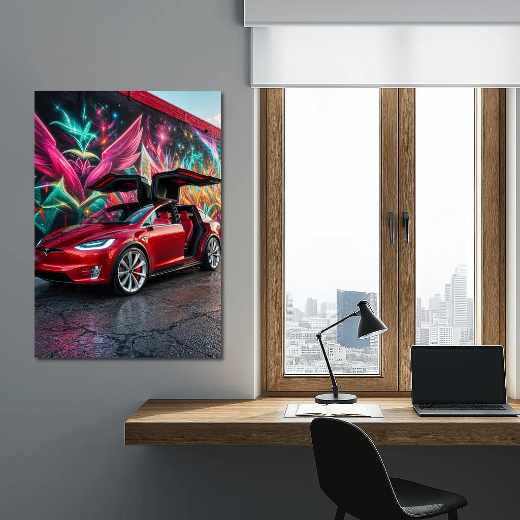 Tesla Model X Red Falcon Wings Graffiti Wall – Wall Art