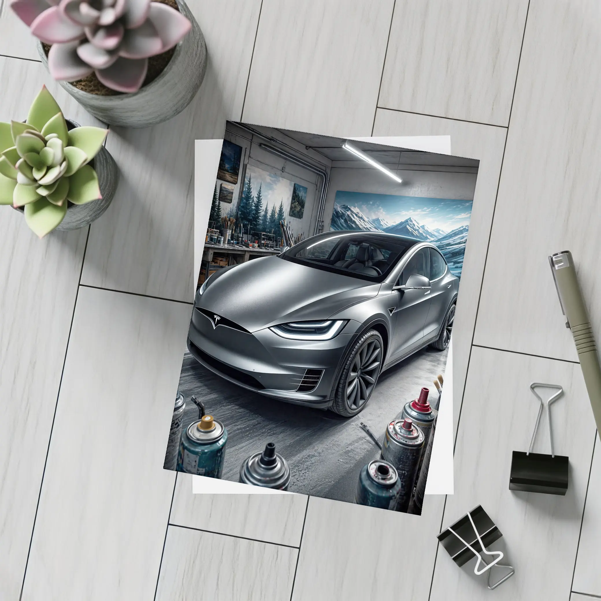 Tesla Model X Silver Car Art Studio – Postcards