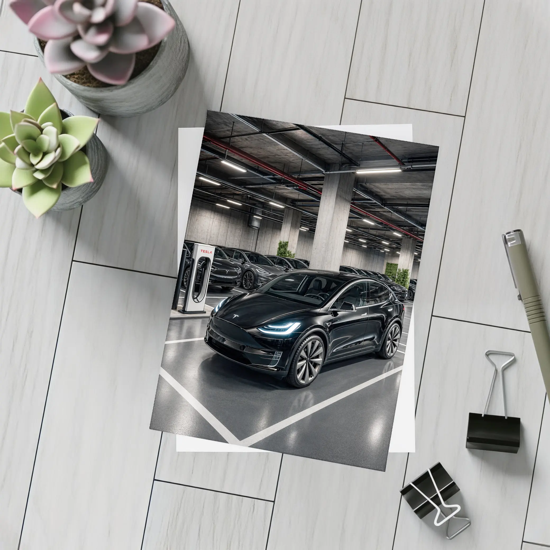 Tesla Model X Black Inside Parking Garage – Postcards