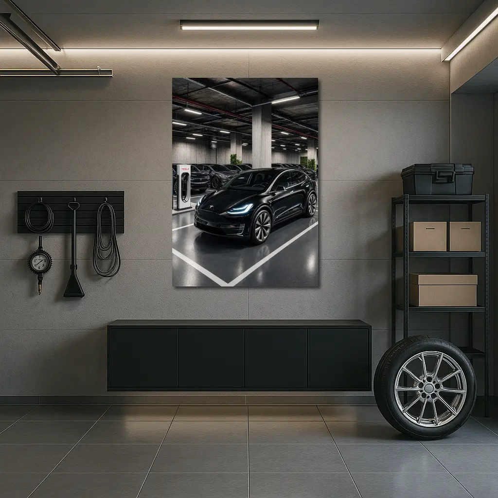 Tesla Model X Black Inside Parking Garage – Wall Art