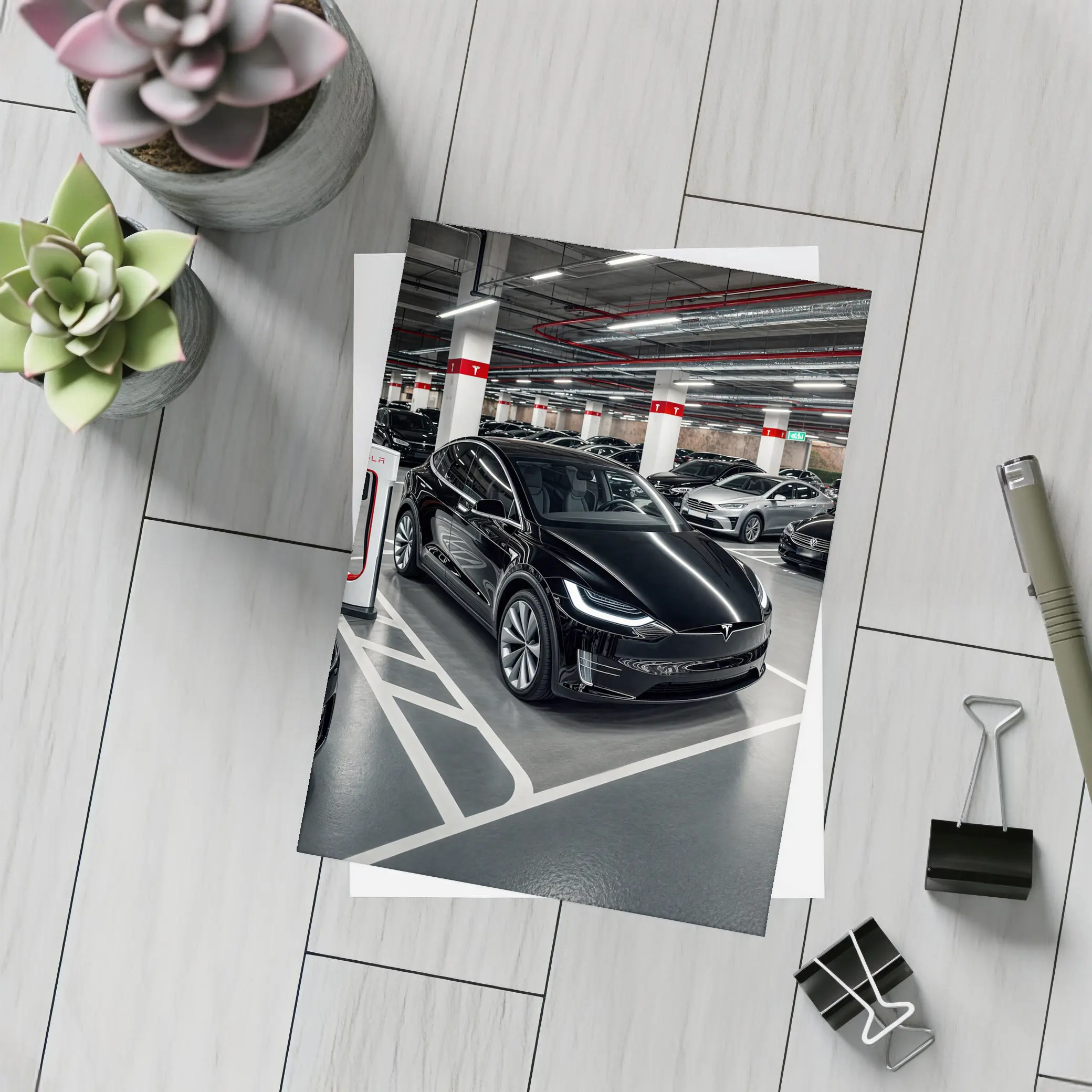 Tesla Model X Black Supercharger Parking Garage – Postcards