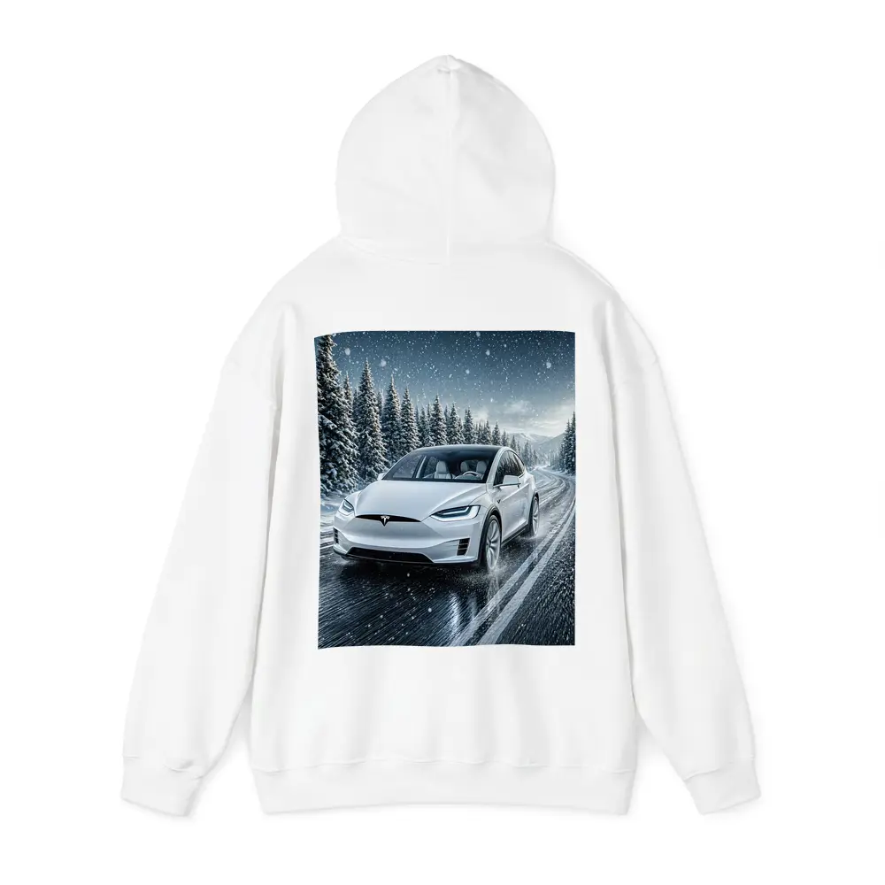 Tesla Model X Driving Snowy Winter Road – Hoodies