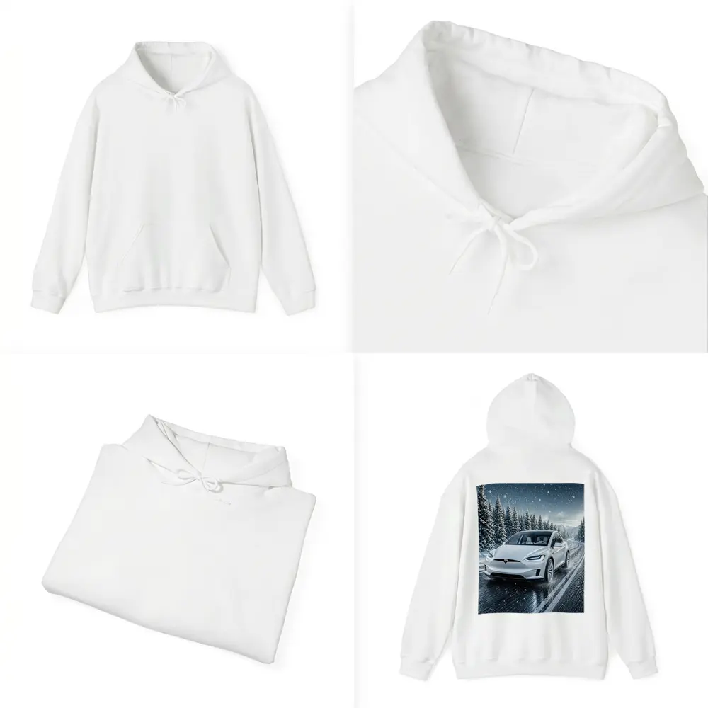 Tesla Model X Driving Snowy Winter Road – Hoodies