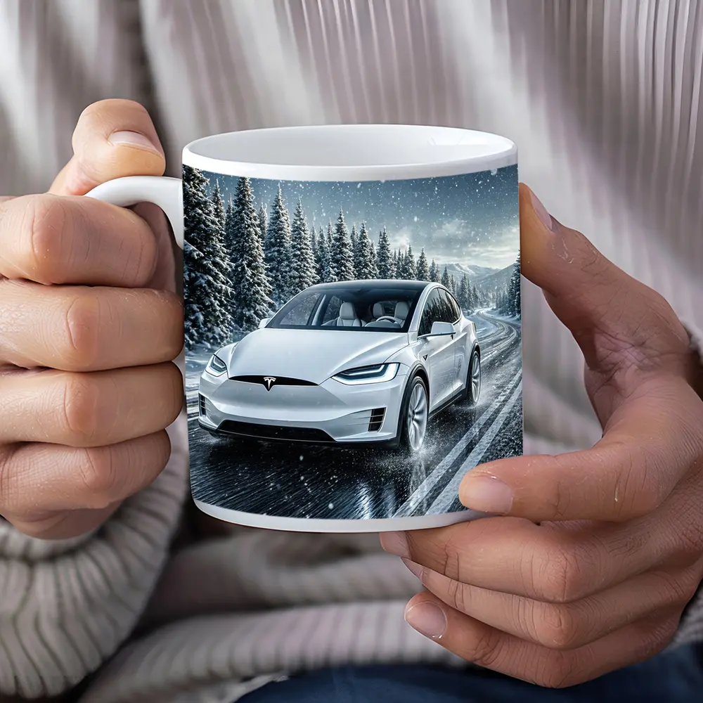 Tesla Model X Driving Snowy Winter Road – Mugs