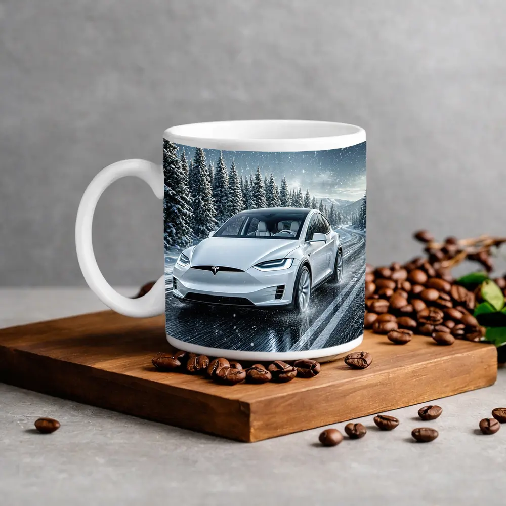 Tesla Model X Driving Snowy Winter Road – Mugs
