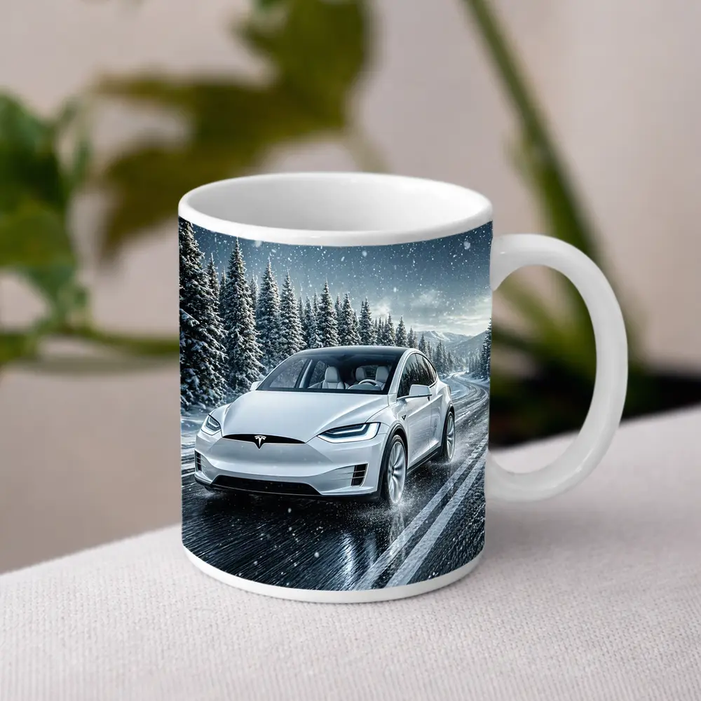 Tesla Model X Driving Snowy Winter Road – Mugs