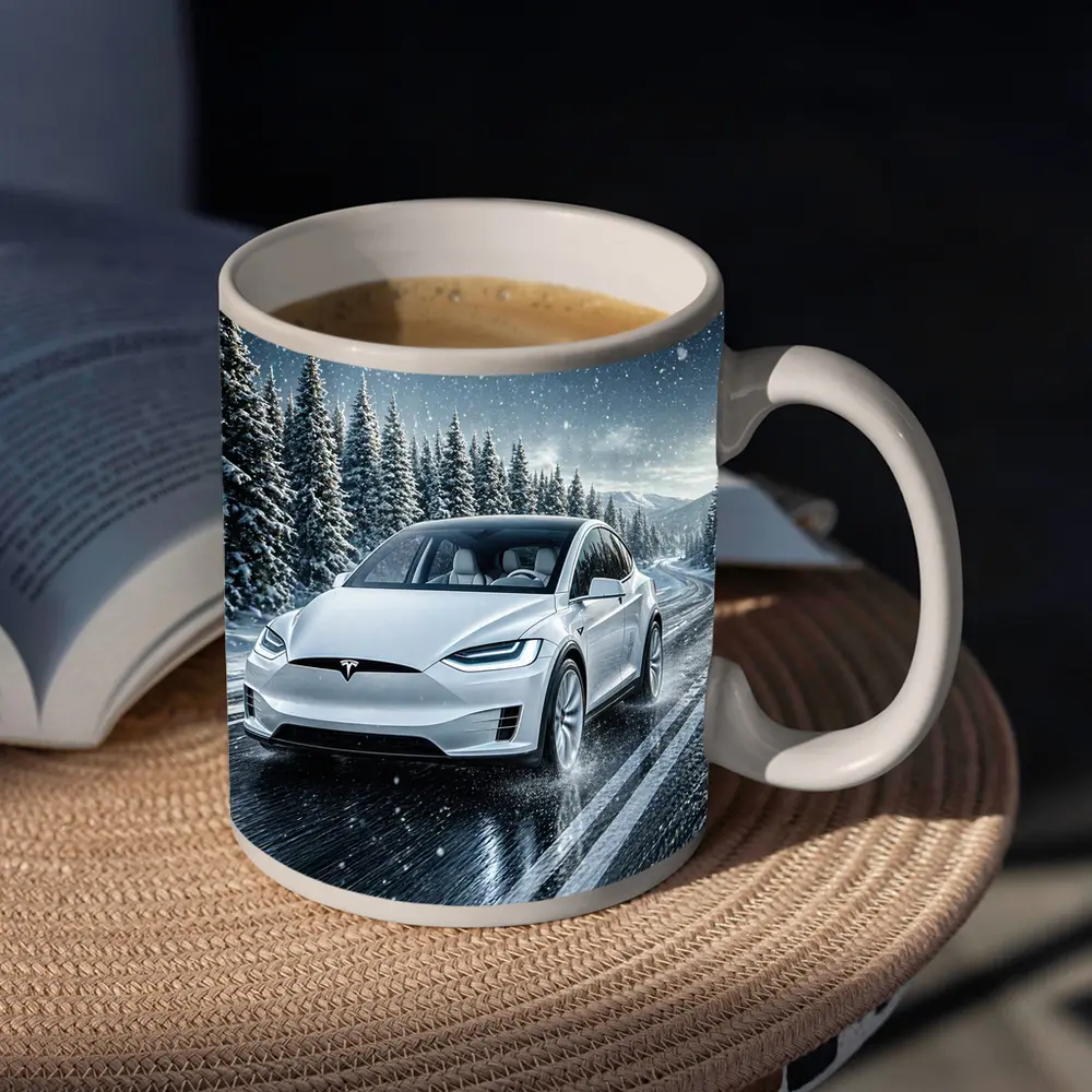 Tesla Model X Driving Snowy Winter Road – Mugs