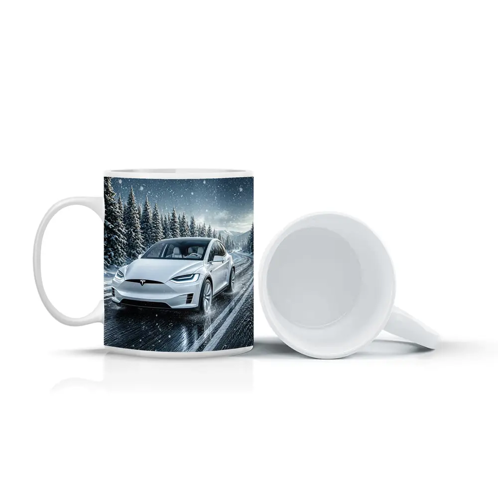 Tesla Model X Driving Snowy Winter Road – Mugs