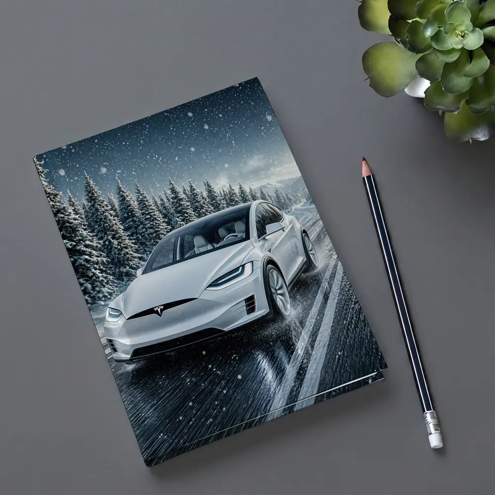 Tesla Model X Driving Snowy Winter Road – Notebooks