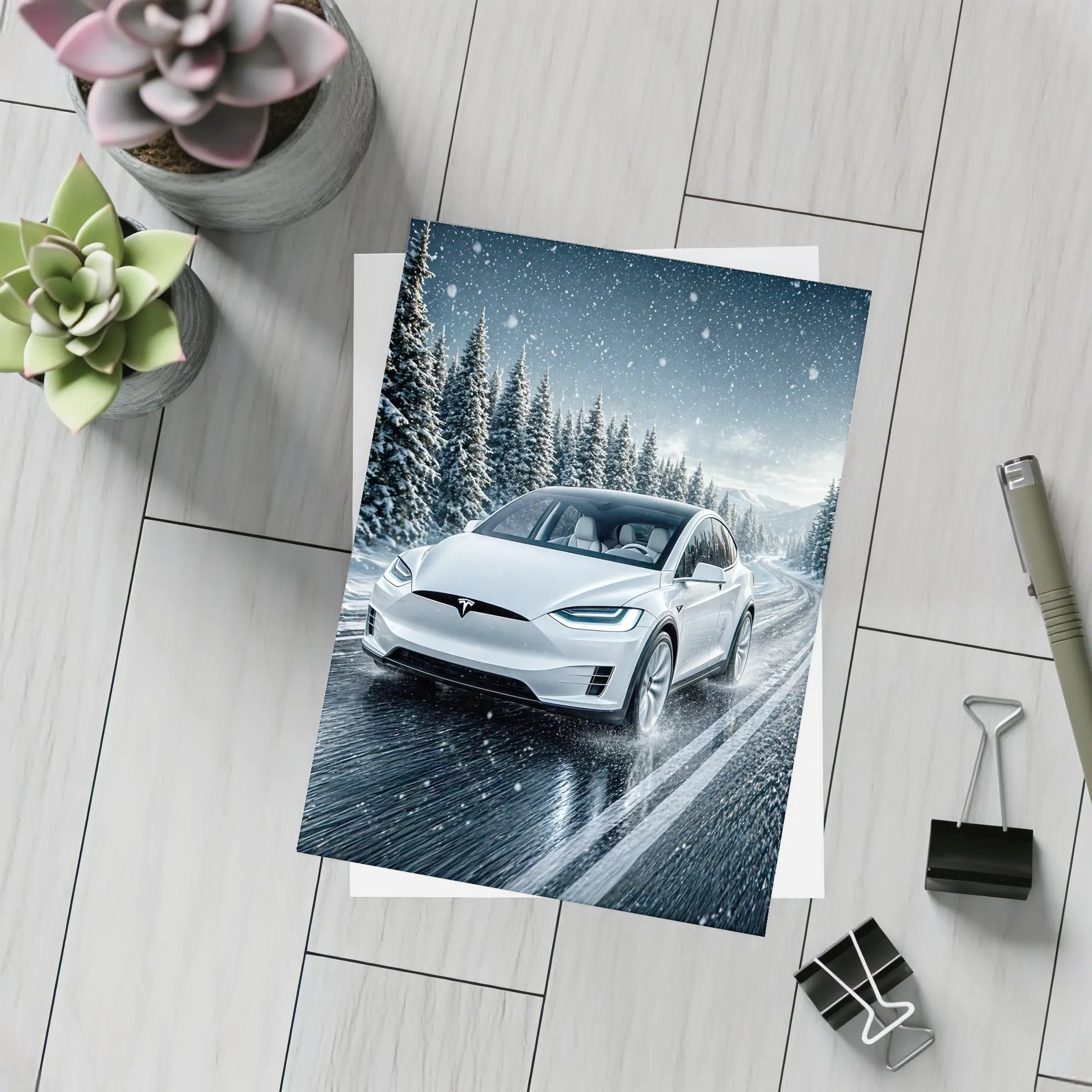 Tesla Model X Driving Snowy Winter Road – Postcards